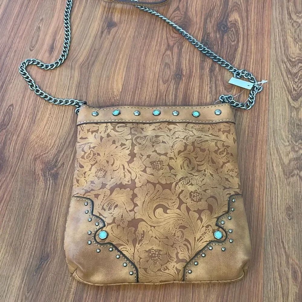 NWT southwest looking Crossbody bag with turquoise and stud detail brown